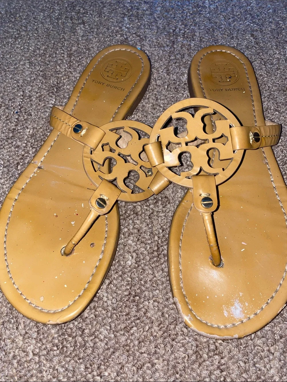 Tory Burch Camel Tan Logo Thong Sandals
